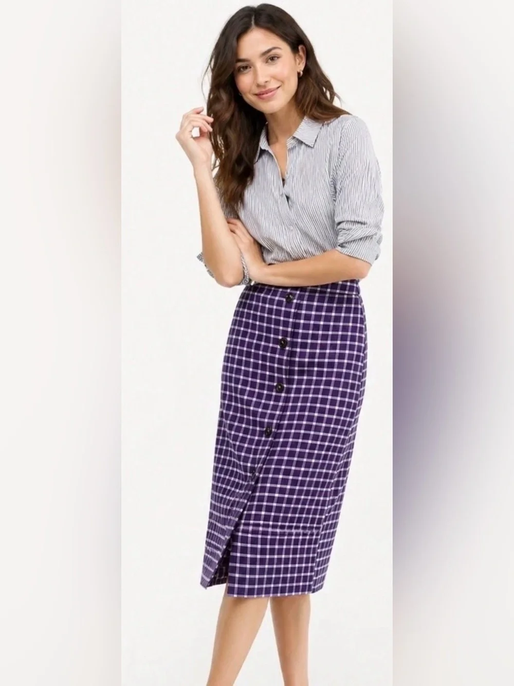 J. Crew Purple Plaid Pencil Skirt with Buttons Size 10